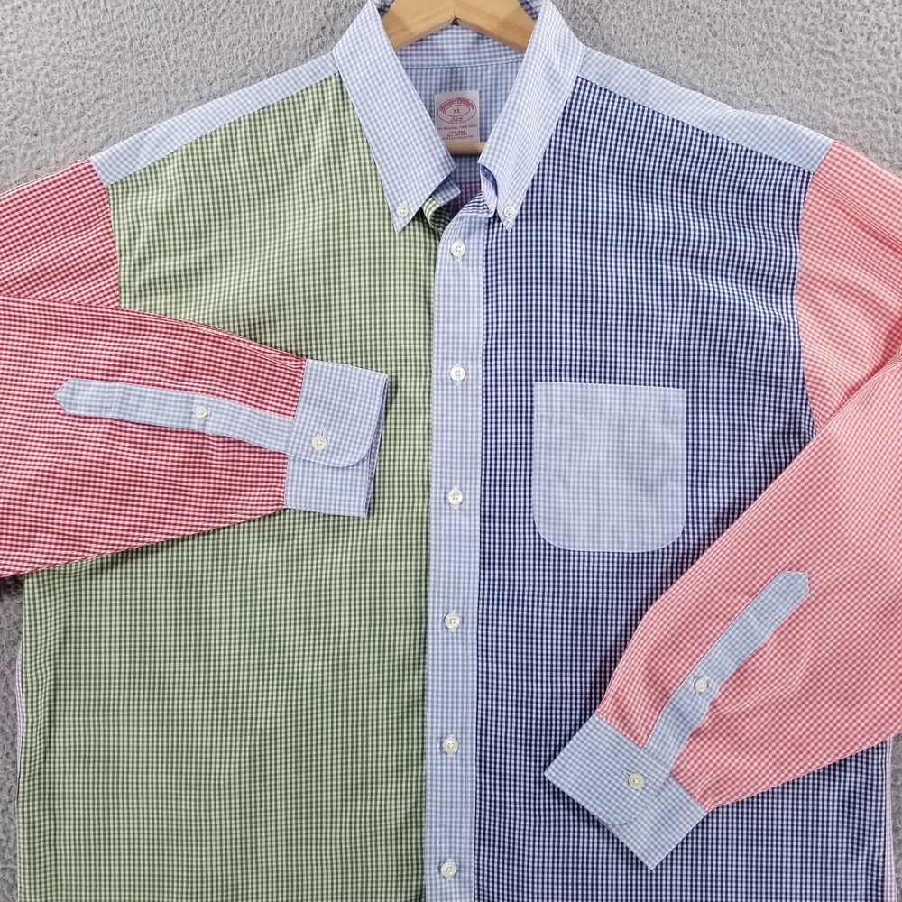 Brooks Brothers Shirt Men XL Pastel Colorblock Check Gingham Patchwork Blue Pink